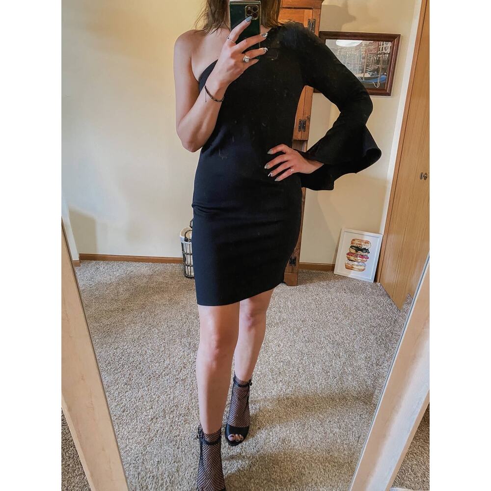 Trina Turk black one shoulder flared sleeve sheath dress